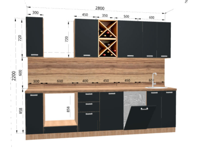 Кухня 2.8 метра "Пасаденна" угольный камень+дуб крафт